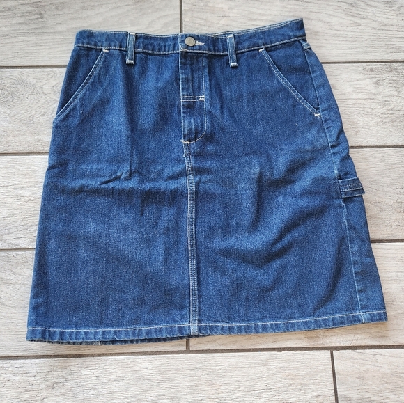 Polo Jeans Ralph Lauren Carpenter Skirt Sz 8 Blue Cotton Y2k Pockets Denim Patch - Picture 2 of 11